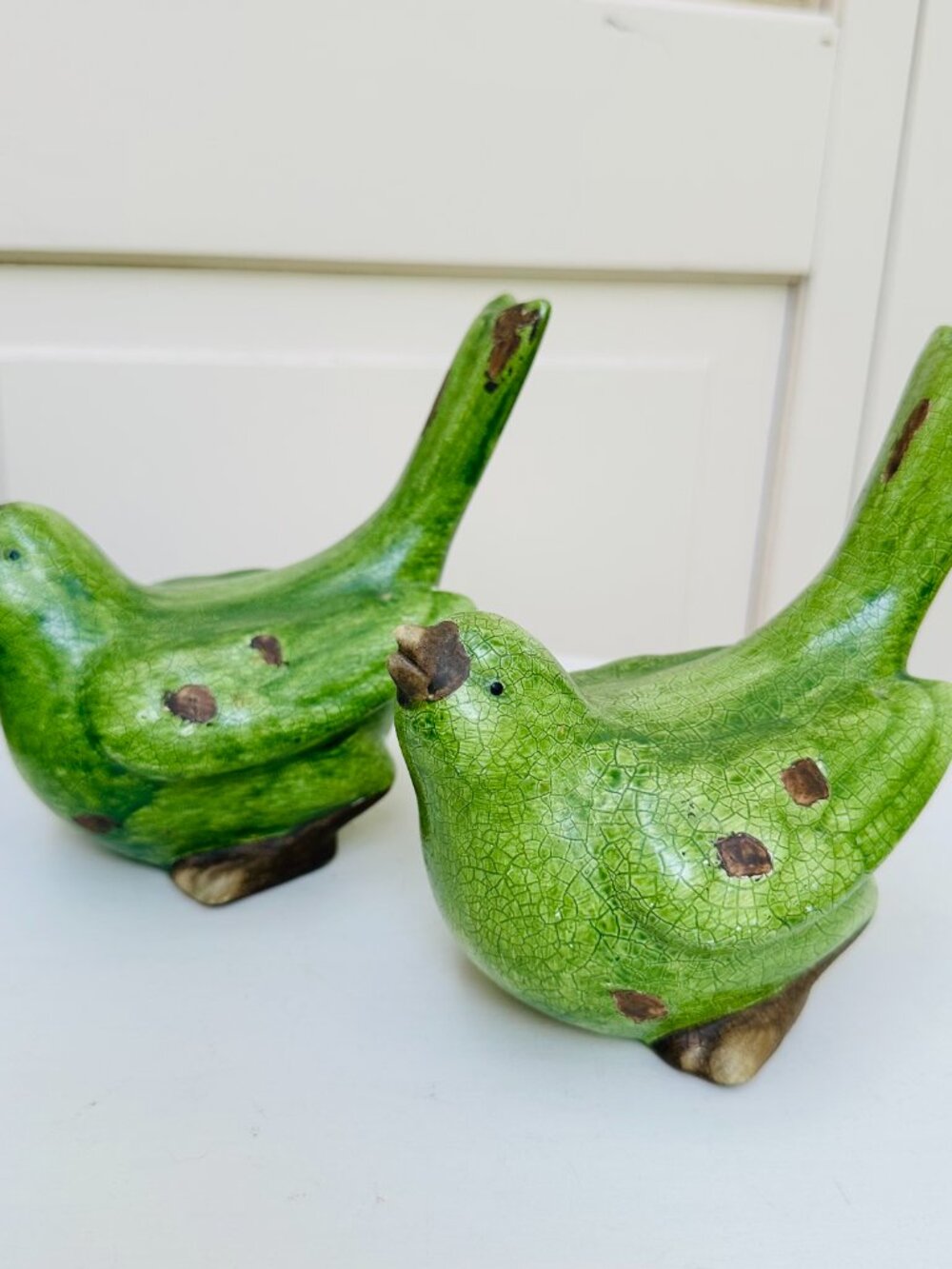 Pier 1 Green Crackle Glaze Bird Figurines Set Cottagecore Farmhouse Decor - Picture 4 of 14